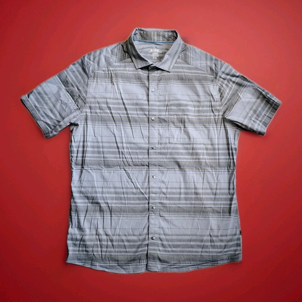 Kuhl Shirt Mens Large Gray Striped Snap Up Gorp Hiking Outdoors Intriguer